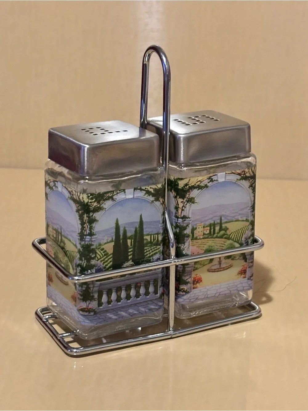 Italian Scene Glass Salt and Pepper Set with Caddy